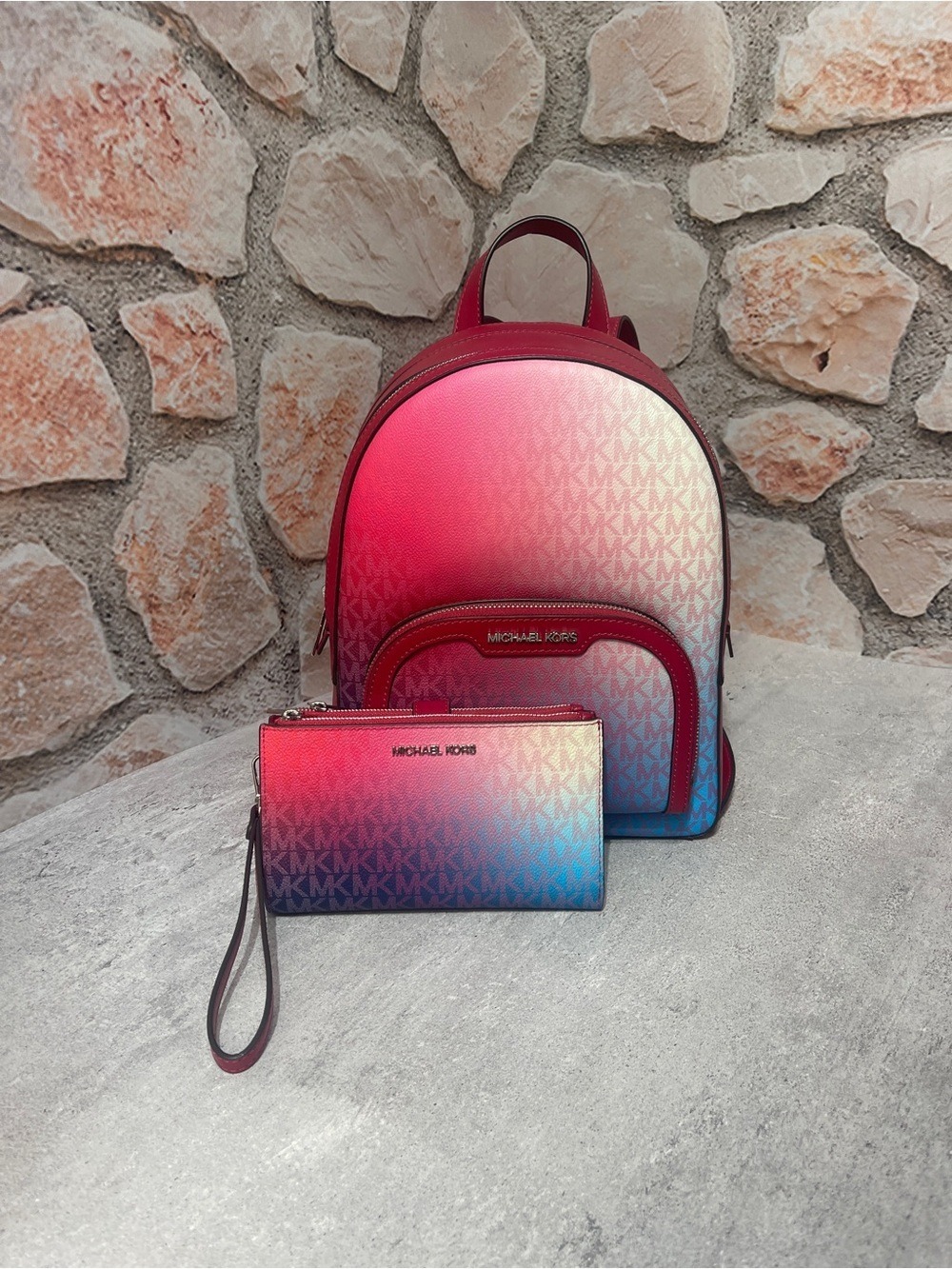 Michael Kors Jaycee Gradient Pink Blue White MK Logo Backpack & Matching Wallet - Picture 2 of 14